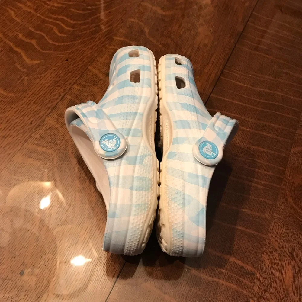CROCS Kids Gingham Clogs in Light Blue and White